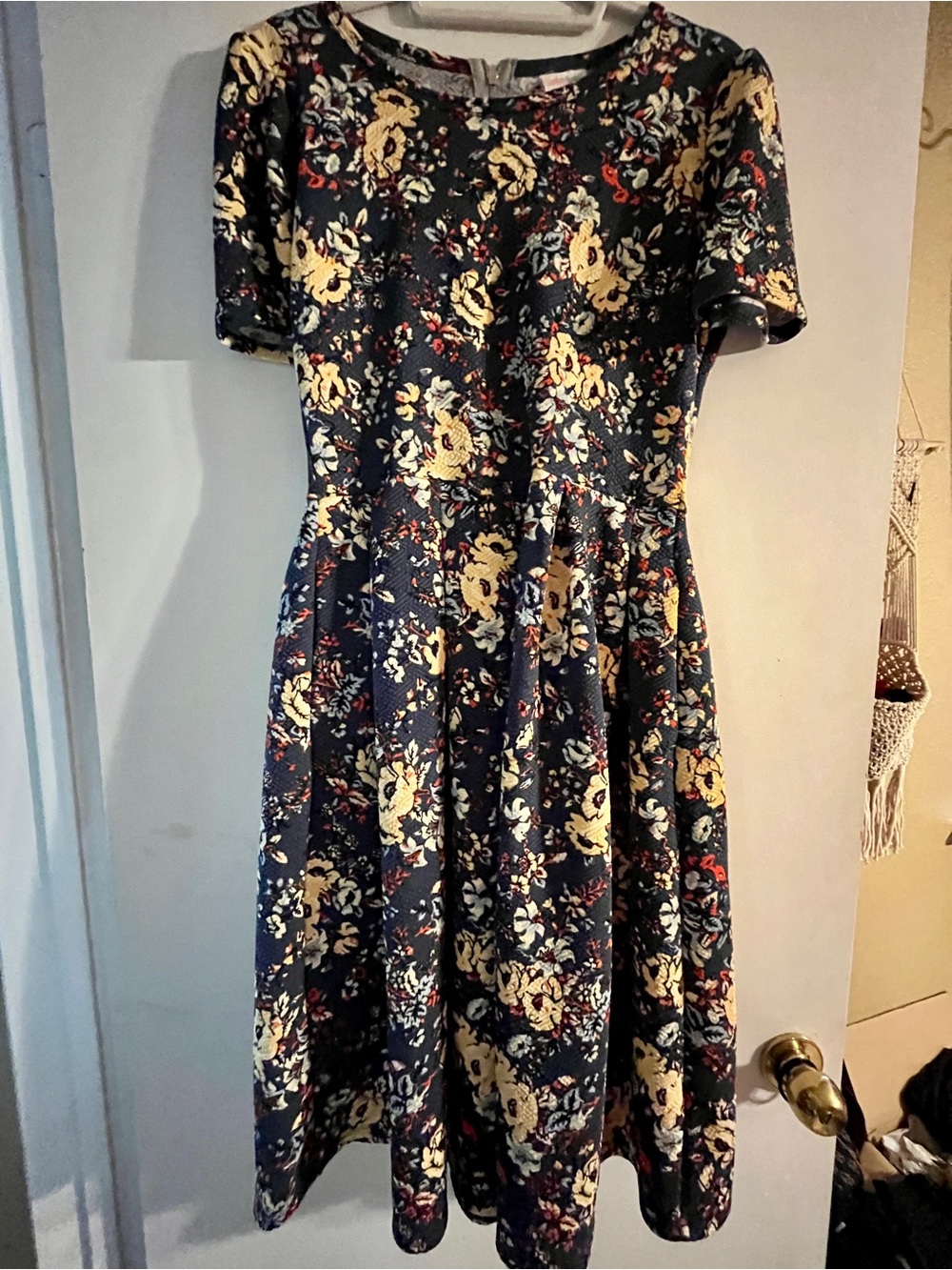 LuLaRoe Navy Midi Amelia Dress with Yellow Floral Print